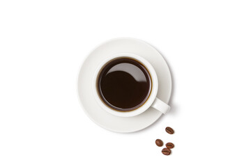 Black coffee and coffee beans on white background