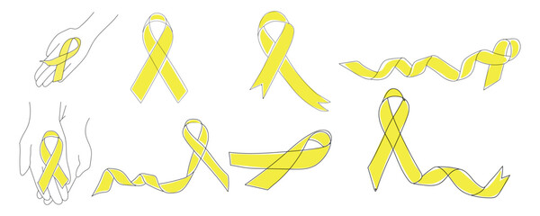 Set of golden ribbons on white background. Childhood cancer awareness concept