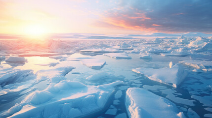 Winter background with beautiful ice floes in a harsh winter landscape with sunset lighting. AI...