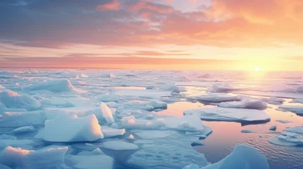 Fototapeten Winter background with beautiful ice floes in a harsh winter landscape with sunset lighting. AI generated. © Oulailux