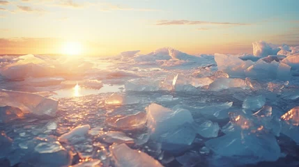 Poster Winter background with beautiful ice floes in a harsh winter landscape with sunset lighting. AI generated. © Oulailux