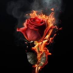 Red rose burning in fire flames on black background