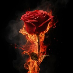 Red rose burning in fire flames on black background