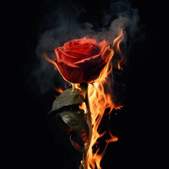 Red rose burning in fire flames on black background