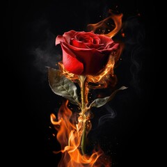 Red rose burning in fire flames on black background