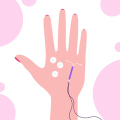 Female hand with contraceptive pills and intrauterine device on white background