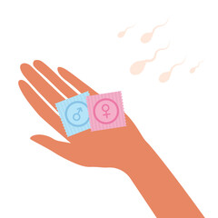 Hand with female, male condoms and sperm cells on white background
