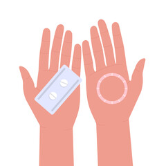 Fototapeta premium Female hands with contraceptive pills and vaginal ring on white background