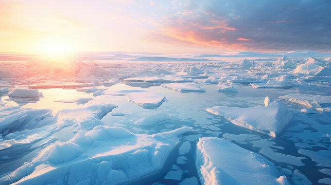 Winter background with beautiful ice floes in a harsh winter landscape with sunset lighting. AI generated.