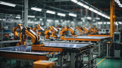 Solar panel production process in a bright modern automated factory, taking of solar panels on the assembly line during the manufacturing process