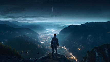 person on the top of the mountain wallpaper - obrazy, fototapety, plakaty