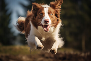 Adult brown white border collie run very fast on the green grass 