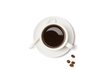 Black coffee and coffee beans on white background