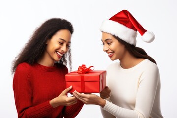 Sorrisos e Surpresas: Foto de celebração do natal e ano novo, com pessoas trocando presentes e monstrando afeto, amor, gratidão e felicidade., foto de fundo branco. 