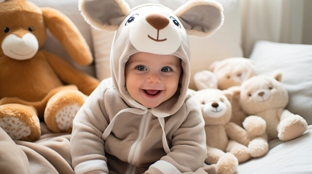 ぬいぐるみがたくさんあるソファーの上で、楽しそうなかわいい笑顔でトナカイの着ぐるみをきている赤ちゃんの写真