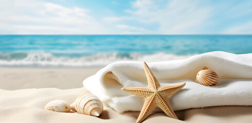 Fototapeta na wymiar Shells, clean white cloth on the beach There is a beautiful blue sea in the background.