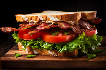 Sandwich bread tomato, lettuce, bacon and yellow cheese on wooden background