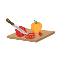 Cutting board, knife and bell peppers on white background