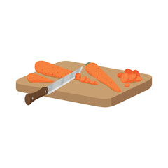 Cutting board, knife and carrots on white background