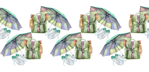 Seamless rim watercolor green backpack for walking and sneakers with umbrella on white background. Forest tourism pattern for weekend walking. Hand-drawn border for autumn card. Wallpaper or wrapping