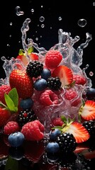 Fresh Strawberry, Blueberry and Blackberry with Water Splash