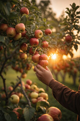 Unrecognizable hands of a person harvesting aplles. Concept of sustainable living and circular...