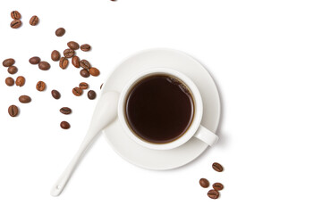 Black coffee and coffee beans on white background