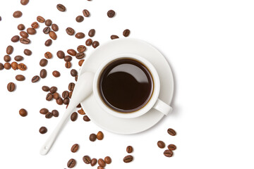 Black coffee and coffee beans on white background