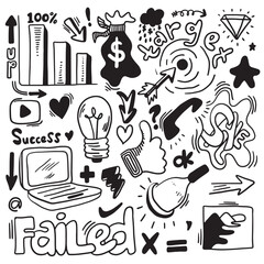 Doodle business. includes many icons including graphs, statistics, devices, concepts. Doodle vector illustration.
