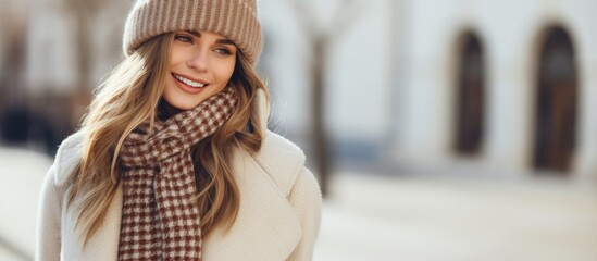 Fototapeta premium Trendy young woman in winter attire enjoying coffee exudes fashion and happiness in the street With copyspace for text