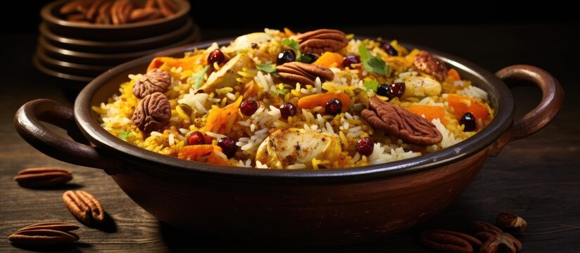 Kashmiri pulao with Basmati rice spices Saffron and dry fruits With copyspace for text