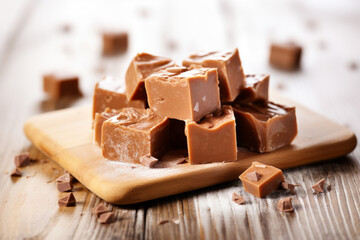 Pieces of chocolate fudge on a kitchen background