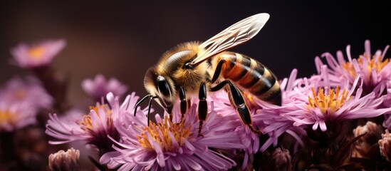 The New York aster is pollinated by the bee Apis mellifera With copyspace for text - obrazy, fototapety, plakaty