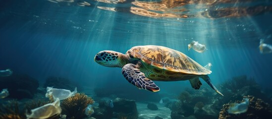 Marine turtles can mistakenly consume plastic bags mistaking them for jellyfish contributing to the issue of plastic pollution in the ocean With copyspace for text