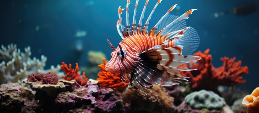Pterois miles Devil Firefish Common Lionfish with Alcyonacea and Dendronephthya hemprichi corals Common Coral Reef Life Indo Pacific Ocean Aquatic Marine Animals Environment With copyspace f