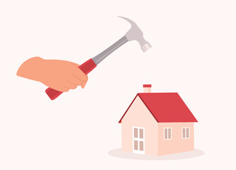 A Person’s Hand Holding Hammer Whacking Down The House. Close-Up.