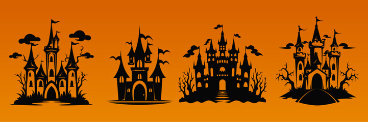 set of vector halloween castle landscape. black castle sillhouette. castle sillhouette with trees vector illustration.