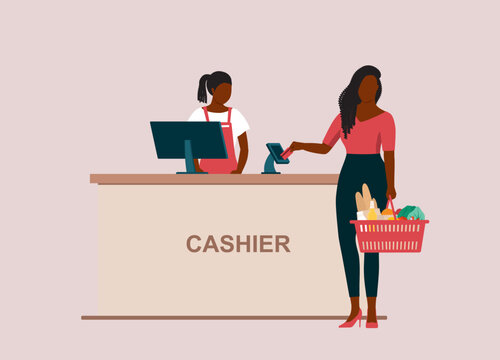 Black Woman Customer With Groceries Paying With Credit Card. Lady Cashier With Apron Serving Customer At Checkout Counter. Full Length. Flat Design.