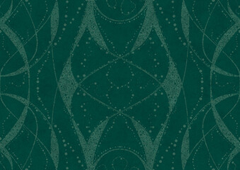 Hand-drawn unique abstract symmetrical seamless ornament. Bright semi transparent green on a deep cold green background. Paper texture. Digital artwork, A4. (pattern: p10-4b)