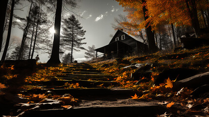 Mountain cabin - fall - low angle shot - hill - autumn - peak leaves - fall foliage - steps 