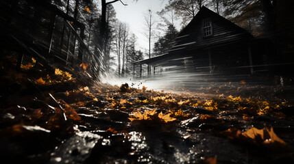 Mountain cabin - fall - low angle shot - hill - autumn - peak leaves - fall foliage - steps 