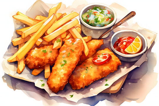 Fish and Chips watercolor art style