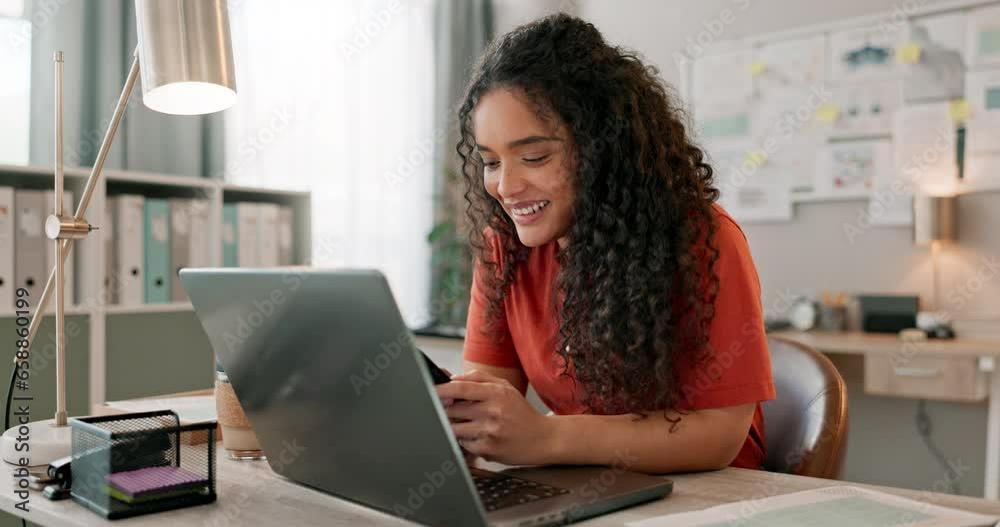 Aufkleber laptop, phone and design with a woman in a small business office working on an artistic project. mob