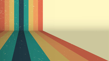 70s retro perspective lines rainbow background. Vintage grunge colourful stripes banner, backdrop and wallpaper vector. - obrazy, fototapety, plakaty