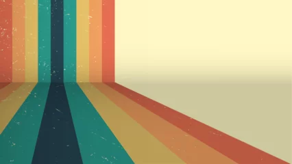 Deurstickers 70s retro perspective lines rainbow background. Vintage grunge colourful stripes banner, backdrop and wallpaper vector. © Ayuluthfiani