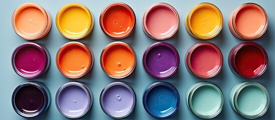 Trendy color Very Peri 2022 s color of the year featured in open paint cans With copyspace for text