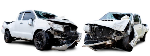 Set of PNG format Front and Side view of white pickup car get damaged by accident on the road. damaged cars after collision. isolated on transparent background