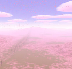 Hazy, lo-fi arial shot of a landscape adorned with pink flora and a sky filled with pink clouds