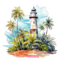 Tropical lighthouse watercolor illustration, isolated on transparent background