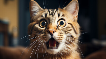 A cat with wide open mouth and big eyes, Surprised, shocked or amazed face. Generative AI
